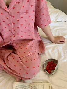 Dazy Plus Heart Print Turndown Collar Loose Pajama Set, Includes Top And Pants - Coral Pink - View 4