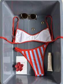 Swim Mod New Striped Tie-Front Print Halter Backless Bikini, Beach Vacation Swimsuit - Red - View 2