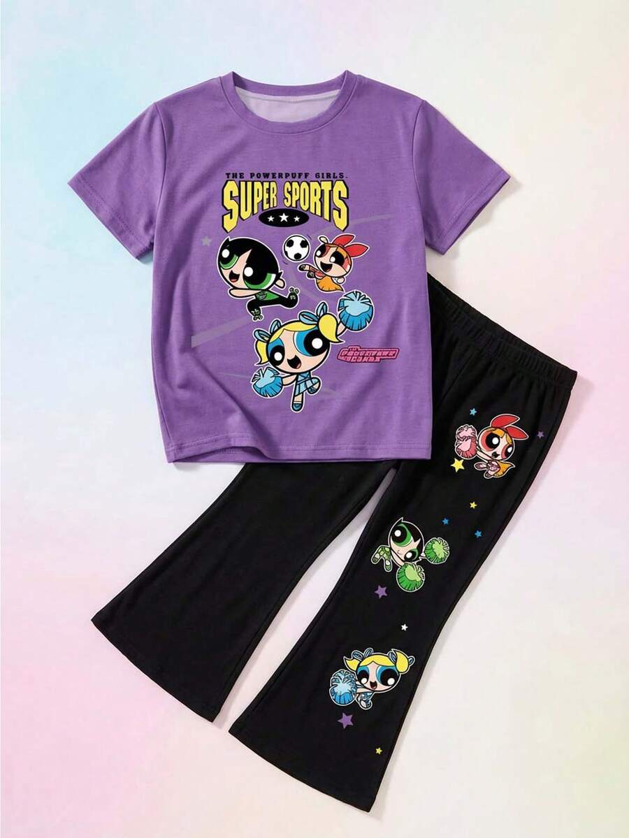 THE POWERPUFF GIRLS X Maija Kids 2件組 青少年女孩休閒卡通印花圓領短袖T恤與長褲套裝,適合夏季 Zoey OOTD 上學穿搭 - 彩色 - 查看 1