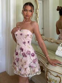 Glamine Charm 女士刺绣无肩带系带连衣裙，浪漫度假及婚礼派对礼服，粉色连衣裙 - 粉色 - 查看 3