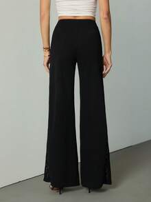 SHEIN Tall 女士几何蕾丝拼接阔腿针织弹力黑色裤腿裤 - 黑色 - 查看 2