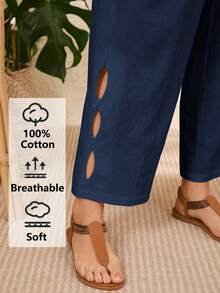 Rosumi Plus Size Vacation Casual Solid Color Hollow Out Pants,Summer Outfits For Women,Vacation Outfits Woman - Navy Blue - View 1