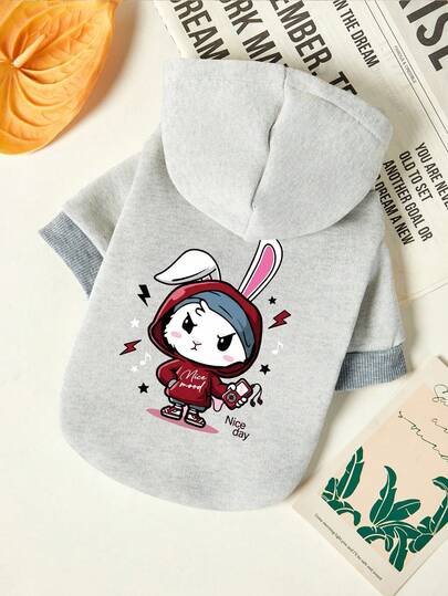 PETSIN 1 Rabbit Print Pet Hoodie Gray Skin Friendly Thick Warm Pet Clothing