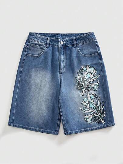 ROMWE MEN Street Life Jeans casuales rectos y sueltos con lavado vintage para hombres, con bordado hasta la rodilla