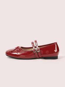 CUCCOO DOLLMOD Sepatu Wanita dengan Pita, Ujung Bulat, Sol Datar, Nyaman, Gaya Vintage, Satin, Warna Burgundy, Cocok untuk Kencan Sehari-hari - Merah - View 8
