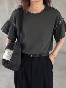 FRIFUL 女士宽松休闲纯色喇叭袖T恤，夏季服装 - 灰色 - 查看 3