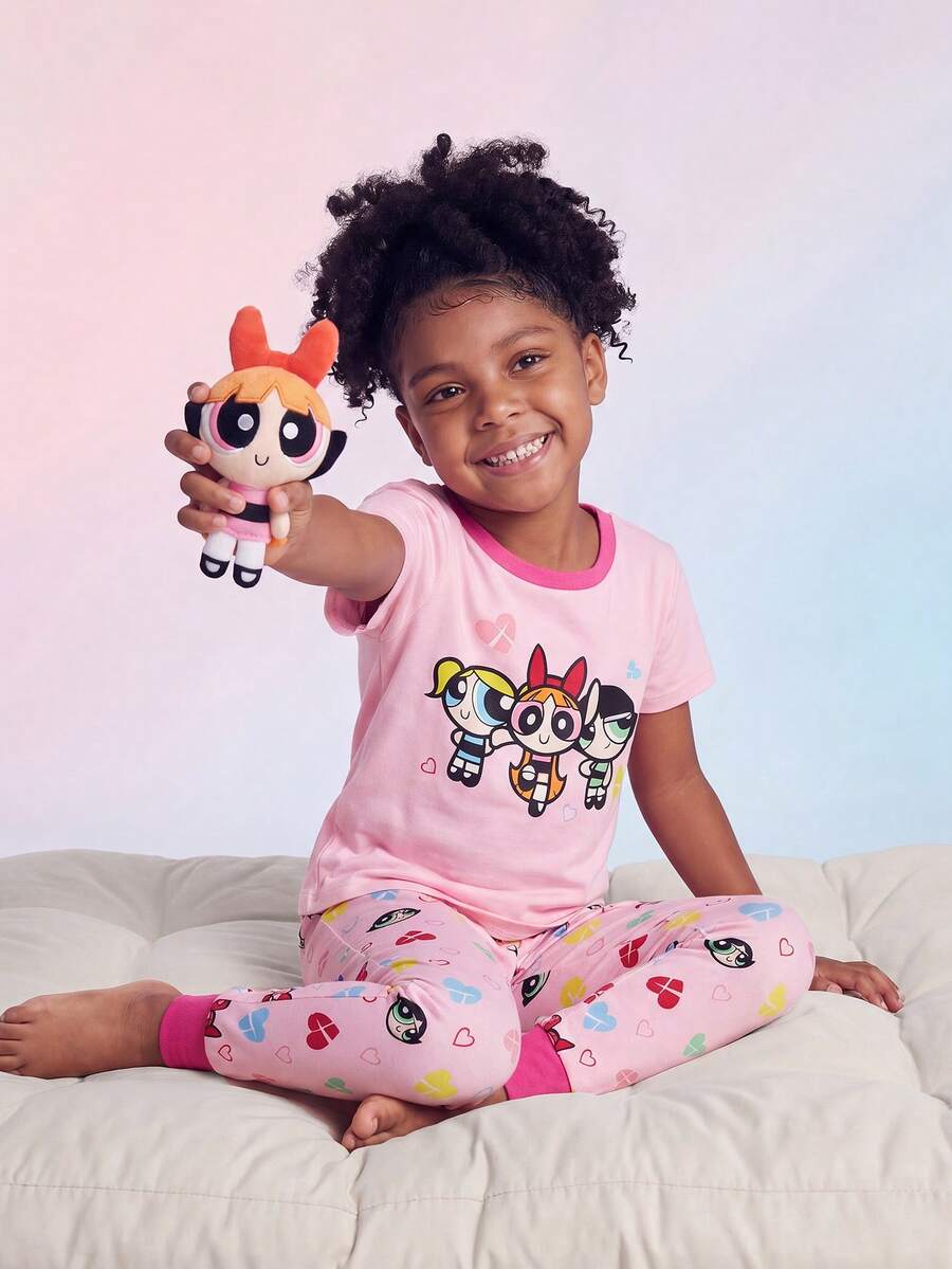 THE POWERPUFF GIRLS X SHEIN Maija Kids 女童可爱贴身卡通印花短袖T恤和裤子睡衣套装,夏季 - 粉色 - 查看 1