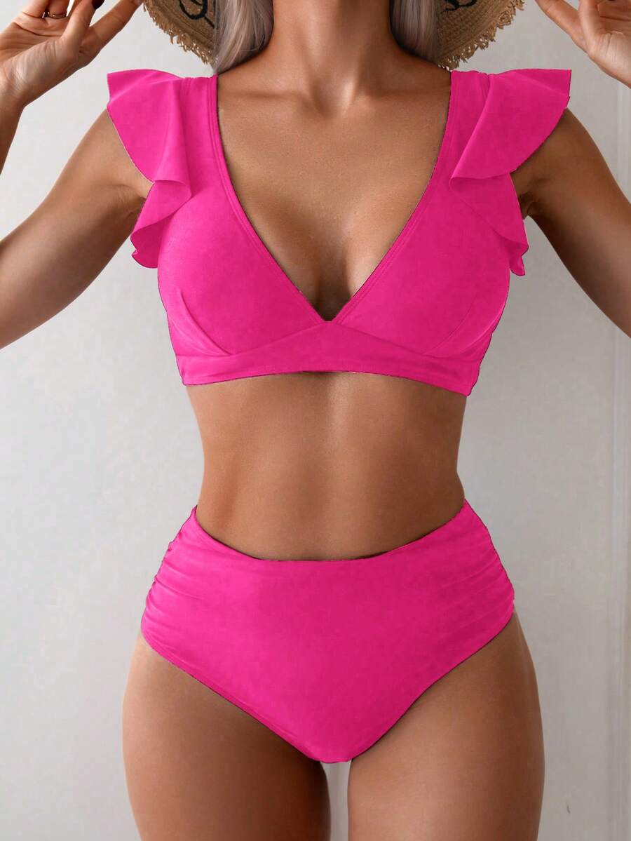 Swim Basics 2025年女士夏季度假红色V领荷叶边修身比基尼泳装套装 - 玫紅色 - 查看 1