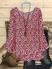 EMERY ROSE Camisa de manga larga con cuello redondo y estampado minimalista para tallas grandes - Burdeos - Ver 1