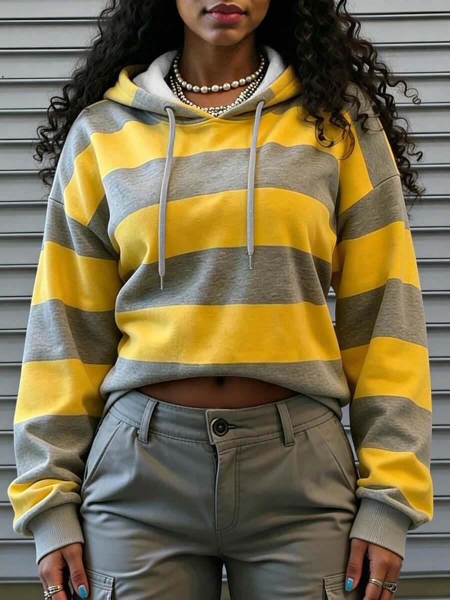 Plus Size Women Striped Long Sleeve Drawstring Hooded Ribbed Sweatshirt - Light Grey - View 1