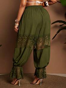 Maweii Plus Size Women Lace Patchwork Pleated Casual Versatile Daily Wear Lantern Pants - Dark Green - View 2