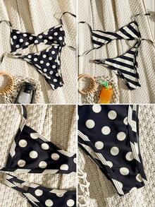 Swim Mod Bộ 2 món áo tắm nữ hai mặt in chấm bi và sọc, kiểu yếm hở lưng, thích hợp cho mùa xuân/hè đi biển và bơi lội. - Nhiều màu - Xem 2