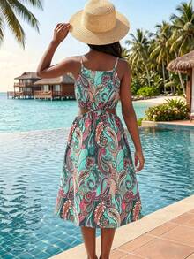 Tween Girl Vacation Cashew Print Cutout Waist Cami Dress - Multicolor - View 2