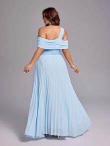 Viva Relle Plus Size Women Solid Color Asymmetric Neck Pleated Casual Party Dress - Blue - View 4