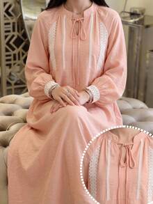 Al Najma V-Neck Long Sleeve Flared Robe, Romantic Pink, Spring/Summer Kuwait Linen Filipiniana - Pink - View 2