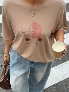 Dazy Plus 印花圆领休闲宽松加大码女式短袖T恤，春夏款 - 駝色 - 查看 8