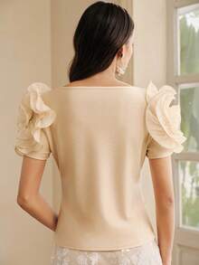 2026 Blusa romántica y elegante de manga corta con cintura ceñida y decoración floral 3D de rosa, adecuada para bodas, fiestas, primavera, verano, vacaciones y ocasiones elegantes - Albaricoque - Ver 2