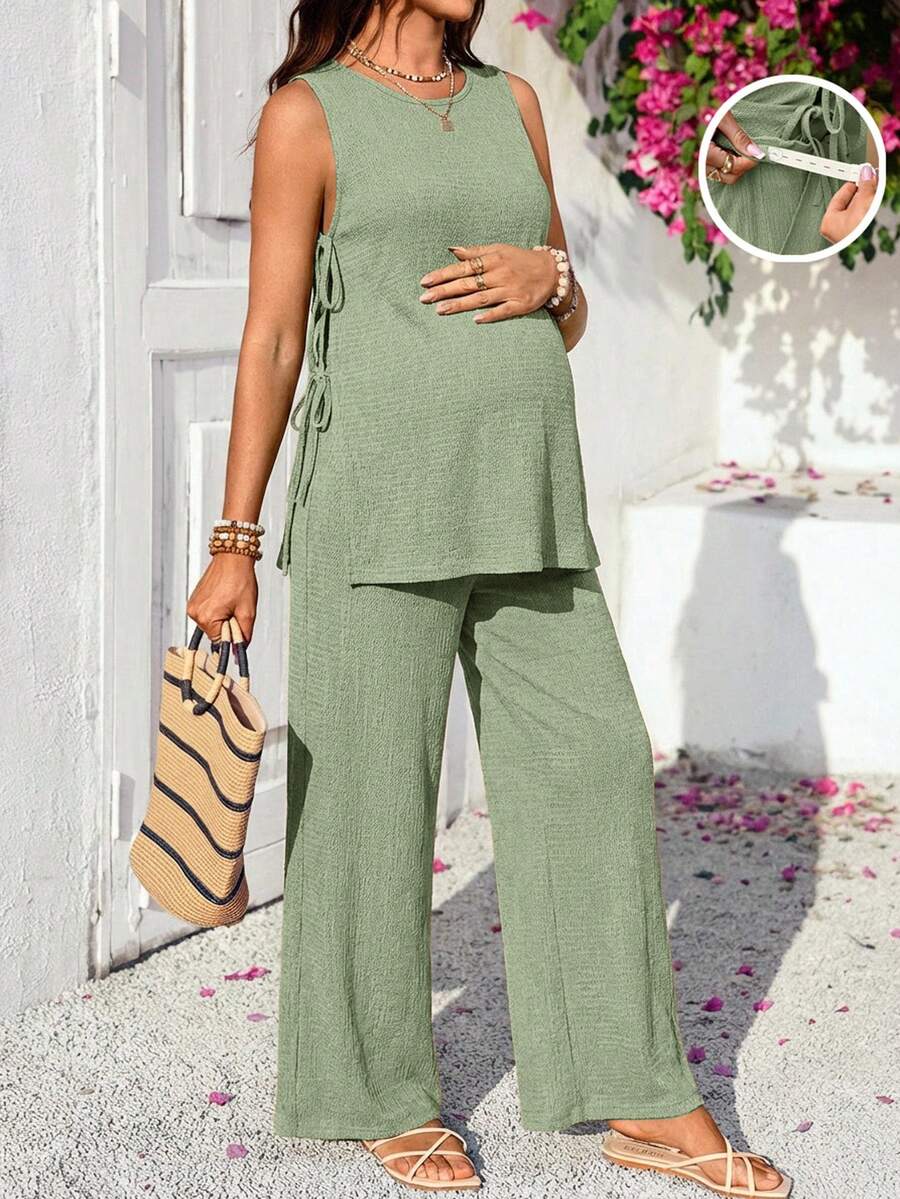 SHEIN 2pcs Maternity Set: Solid Color Round Neck Drawstring Top And Adjustable Waist Casual Pants - Green - View 1