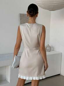 Lavishia Round Neck Waist Gathered Pleated Dress 2 In 1 Dress, Elegant Commuter Dress Chic Dresses For Women Latest Dress Qpuv8 Dress Outfit Good Quality Dress - Khaki - View 2