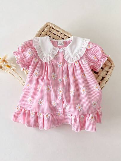 SHEIN 1pc Newly Born Baby Girls Ruffled Collar Gingham Puff Sleeve Floral Print Casual Dress With Buttons, Cute And Sweet For Spring/Summer Everyday Wear, Suitable For Outings, School, Park, Party, Travel, Photo Shoot