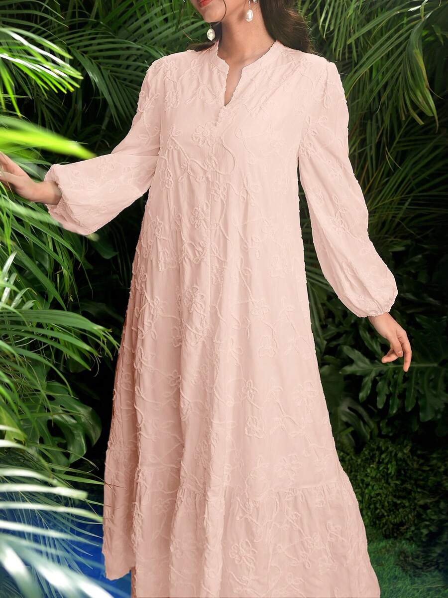 SHEIN Najma 女士立领纽扣装饰刺绣面料灯笼袖喇叭下摆阿拉伯风格连衣裙 - 粉色 - 查看 1