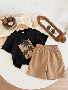 SHEIN Little Byeori 2pcs/Set Young Boy Casual Vacation Print Short Sleeve T-Shirt And Shorts, Suitable For Summer - Black - View 6