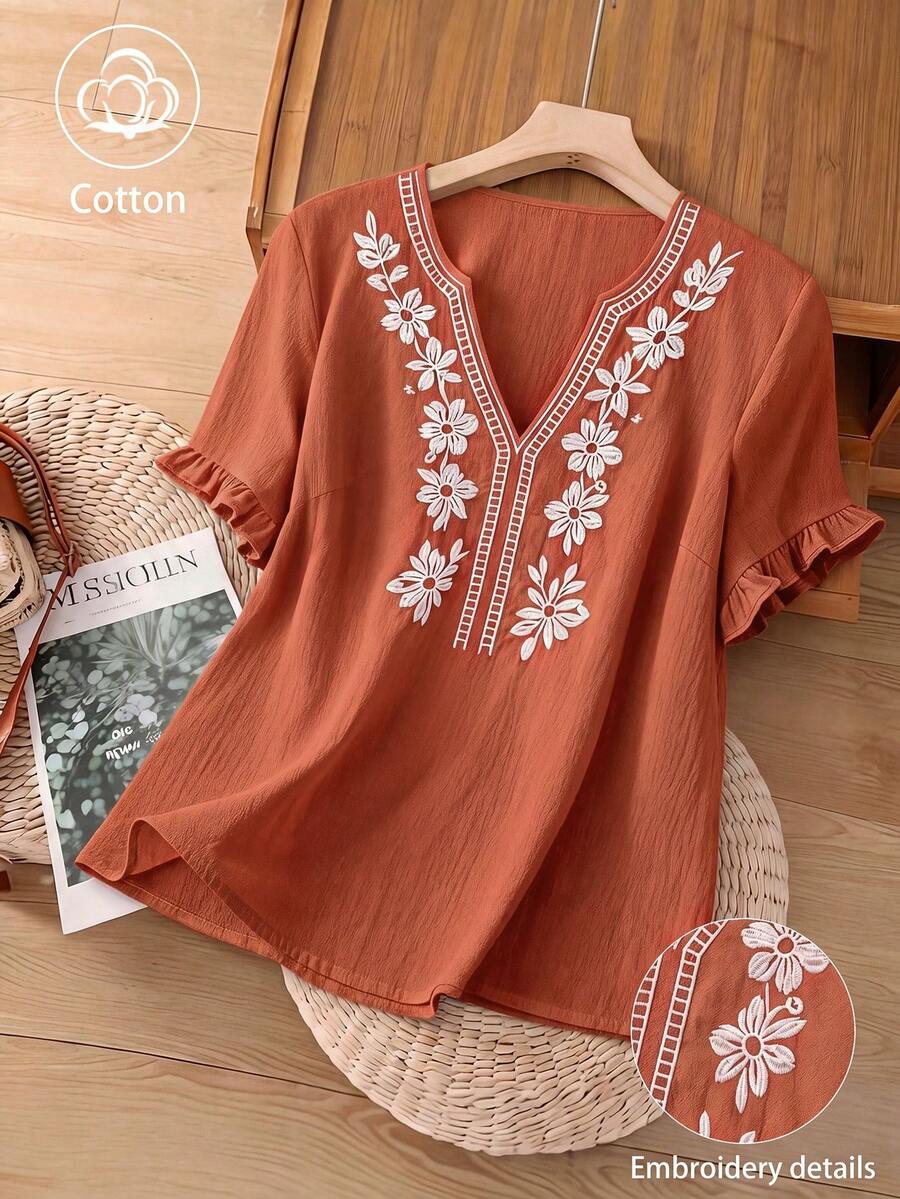 Linhara Plus Size Women Casual Minimalist Countryside Style Small V-Neck, Cotton Bordir Fashion Ruffle Cuff Loose Blouse - Jeruk - View 1