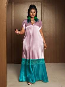 Maweii Plus Size Women's Sleeveless Colorblock Satin A-Line Dress, Summer Vacation Dress - Multicolor - View 3