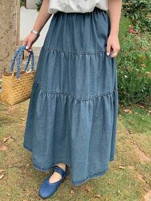 Dazy Plus Vintage Denim Elastic Waist Patchwork A-Line Loose Casual Denim Skirt, Spring/Summer - Medium Wash - View 2