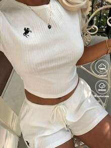 SHEIN EZwear Bộ đồ đôi nữ cỡ lớn in hình hiệp sĩ: áo tay ngắn và quần short, kiểu dáng thường ngày. - trắng - Xem 4