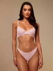 Silquee Renda Floral Conjunto De Lingerie - Rosa chiclete - Visão 4