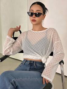 DAZY Blusa de uso diario versátil y casual con lunares para mujer - Blanco - Ver 3