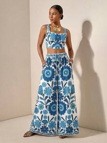 Zivah New Spring/Summer Vacation Casual Fishbone Strap Top And Wide Leg Pants With Pockets 2 Pieces Set, Textured Fabric - Multicolor - View 5
