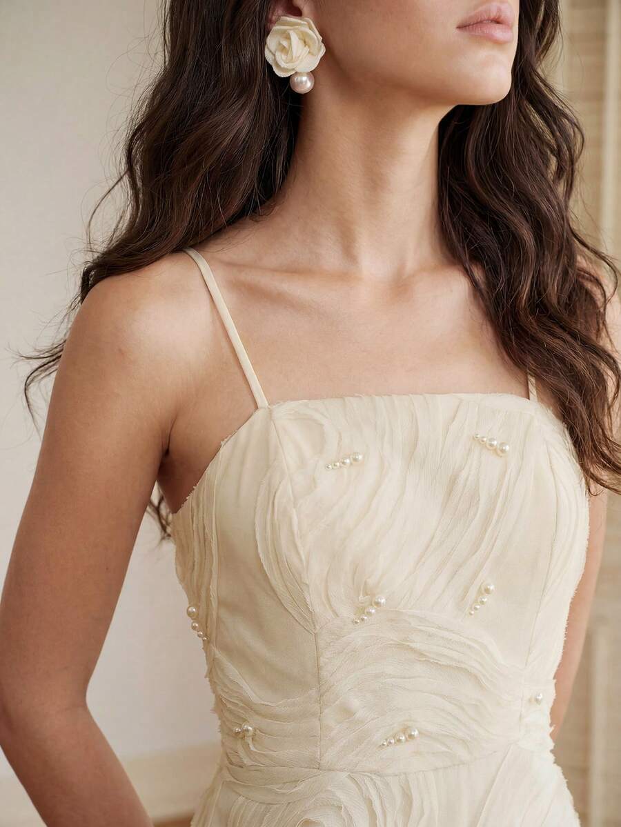 Anewsta Women's New Elegant Party Banquet Asymmetrical Ruffle Embroidered Camisole Waist A-Line Dress - Apricot - View 1