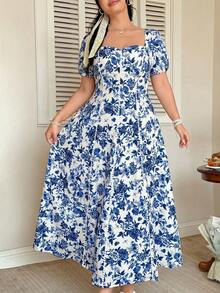 FleurLily Rochie de damă mărime plus, imprimeu floral albastru elegant, decolteu pătrat și mâneci bufante, rochie maxi în linie A cu volane și talie strânsă, rochie de vacanță, rochie versatilă la modă pentru petreceri în grădină - Albastru - Vizualizare 6