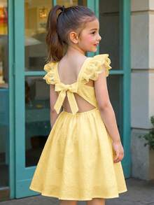 SHEIN Tween Girl Woven Pastel Yellow Lace Ruffle Hem Snug Fit Dress Wedding Party Wedding Summer Cute Elegant For Kids - Yellow - View 9