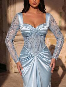 Glamrae Elegant Beaded & Sequin Patchwork Elastic Knit Ruched Mermaid Dress With Sheer Sleeves,Luxurious Heavily Embellished Gown For Wedding,Party & Formal - Baby Blue - View 7