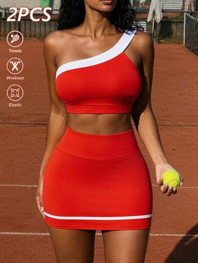 SHEIN 女士黑色性感运动套装，包含可拆卸加垫运动文胸和撞色腰部A字裙（带短裤内衬），适合日常休闲穿着、跑步、瑜伽、健身房、网球、高尔夫等运动。