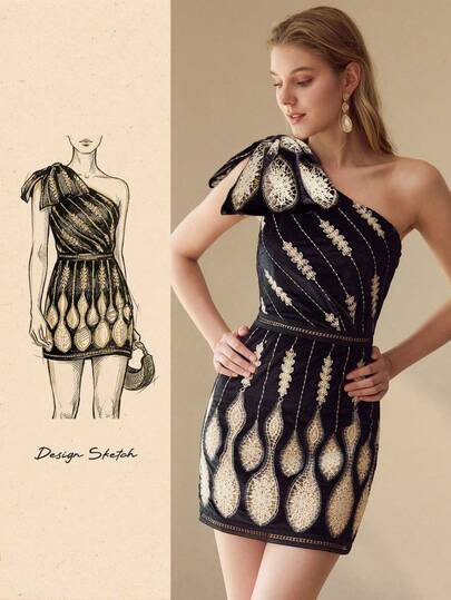 MOTF PREMIUM ASYMMETRIC NECKLINE EMBROIDERED BLACK MINI DRESS