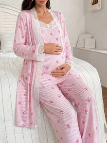 Moonlight&Mama Conjunto de pijama de maternidad con lazo a rayas y encaje en contraste, 3 piezas - Multicolor - Ver 7
