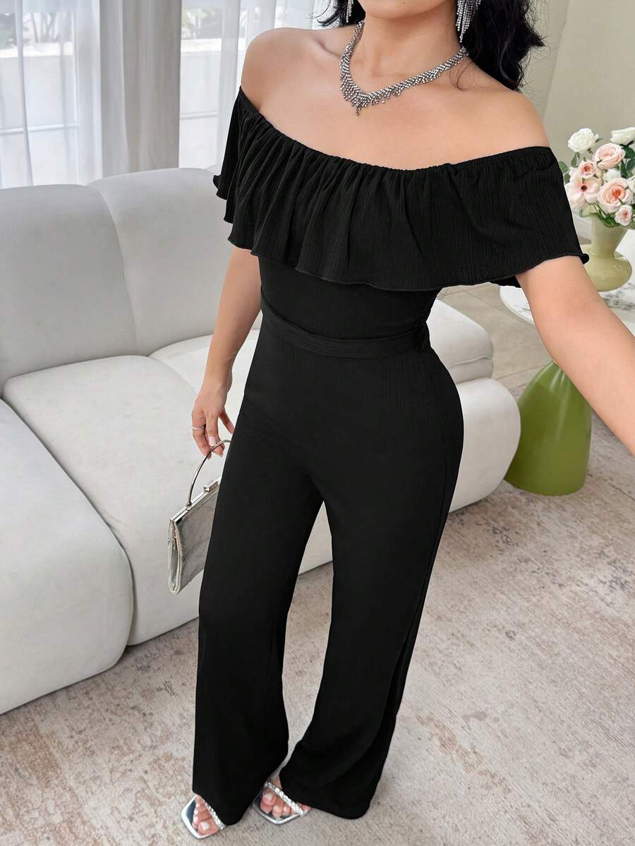 Feyla Elegant Off Shoulder Ruffle Collar Jumpsuit For Women, Everyday Wear - Black - View 1