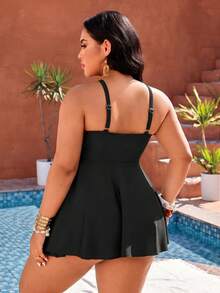 Swim Lushoire 2026 New Plus Size Women Summer Beach Vacation Spaghetti Strap Bikini, Solid Color & Leopard Print Patchwork Design - Black - View 2