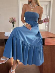 Livesso Women's Casual Vacation Strapless Denim Dress Summer Boho - Medium Wash - View 2