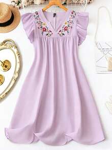 SHEIN LUNE 优雅通勤休闲女装，畅销花卉图案，百搭舒适V领荷叶袖中长连衣裙，白色，大码，适合春、夏、秋季穿着。 - 淡紫色 - 查看 1