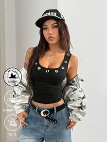StreetHx Top sin mangas de algodón con decoración de metal estilo punk callejero para mujer - Negro - Ver 5