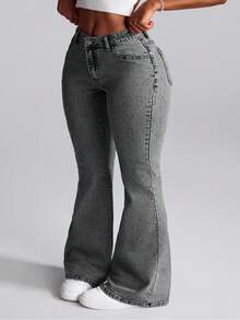 SHEIN CURVE+ Plus Size Women Pocketed Button Floral Pattern Casual Versatile Daily Wear Flare Jeans - Grey - View 3