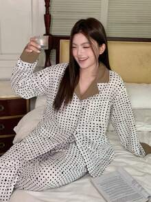 Dazy Plus 可爱波点印花撞色拼接休闲加大码女式睡衣套装，春夏秋季 - 白色 - 查看 2