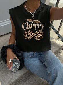 Siren Gaze 女士95%纯棉黑色豹纹樱桃印花背心 - 复古Y2K街头风，透气夏季休闲T恤，适合约会、海岛海滩之旅、西部音乐节、锐舞派对、春夏夜店穿搭、健身房、音乐节及日常穿着 - 黑色 - 查看 5