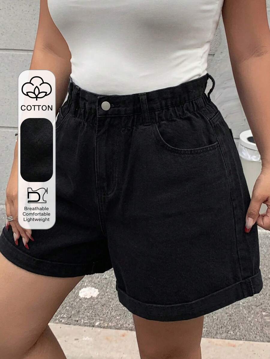 Dazy Plus Elastic Waist Loose Wide Leg Cuffed Washed Blue Denim Shorts, Summer - Black - View 1
