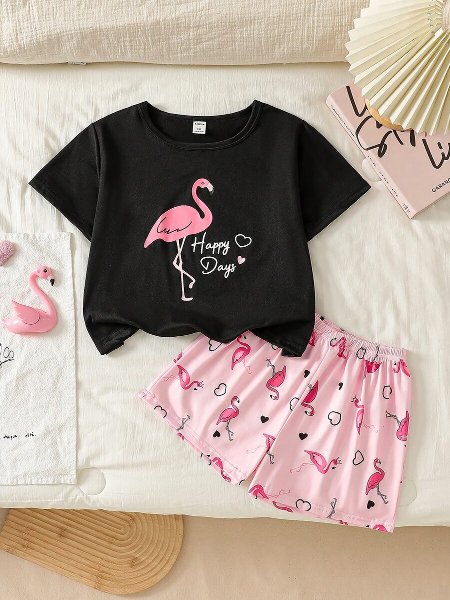 SHEIN 2件組青少年女孩睡衣套裝 粉色與黑色 夏季休閒度假風 火紅心形圖案短袖上衣與滿版印花短褲睡衣 - 黑色 - 查看 1